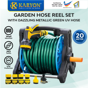Karyon® Metallic Garden Hose Reel Set – Lightweight & Durable Wall-Mountable with Nozzle Spray Set