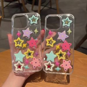Cute 3D Colorful Stars Phone Case For iPhone 16 15 14 13 12 11 Pro Max Glitter Sequins Shockproof Soft Silicone Cover
