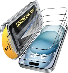 UNBREAKcable 3-Pack Screen Protector for iPhone 15Tempered Glass Shatterproof GlassOne Pull ionAuto Dust Elimination99.99% HD ClearBubble FreeFull Coverage for 6.1 Inch