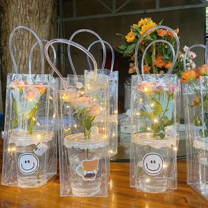 10/20Pcs Clear Present Bags with Handles PVC Flower Bag Stall Flower Bag Reusable Packaging Bag Transparent Tote Bag DIY Simple Cup Milk Tea Handbag Waterproof Gifts Bag