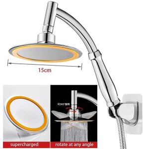 1SET 15CM Wide Rain Shower Head Round Chrome High Pressure Sprinkler With Flexible Hose & Double Two‑Way Faucet Complete Bathroom Shower Set