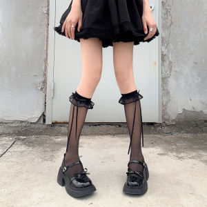 🔥Margotu🔥ถุงน่องลูกไม้ผู้หญิง ถุงน่องสูงถึงเข่าสไตล์นางฟ้า ตกแต่งด้วยริบบิ้นโบว์สีทึบ ถุงเท้า jk น่ารัก