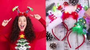 URATOT 3  Christmas in a  LED  Headband Christmas Tree Costume Headwear Elf Hair Hoop for Christmas Party Supplies