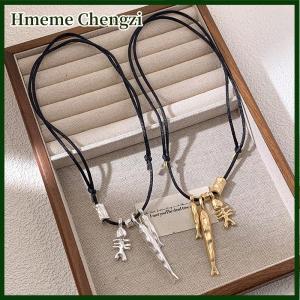 Hmeme Fashion Autumn Winter New Metallic Fish Bone Pendant Necklaces For Women Long Adjustable Wax Rope Sweater Chain Chain