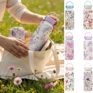 MMLUCK Portable Insulated Water Bottle 1L INS Thermal Water Bottle Reusable Stainless Steel Floral Thermal Cup Kitchenware