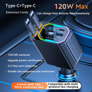 [XnMus.] [Quick delivery]120W 4 In 1 Car Charger Scalable Cable Suitable Fast Charge Mobile Phone Adapter For All Mobile Phones