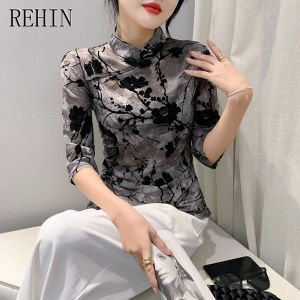 REHIN Autumn new fashion retro buckle hand-stitched bead ink painting mesh 3/4 sleeve blouse for women