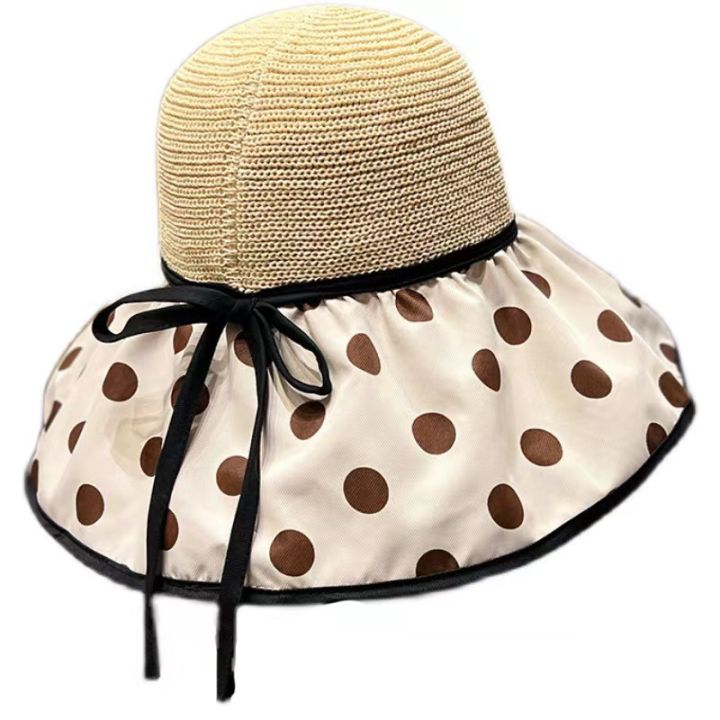 Vinyl Wide Brim Sun Hat Foldable Outdoor Beach Sun Hat Polka Dot Straw