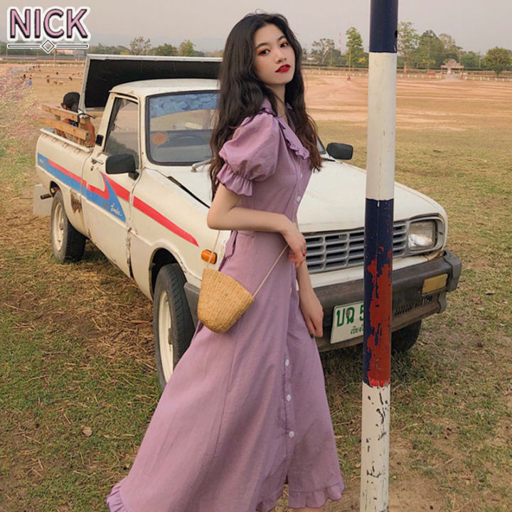 NICK Dress For Women French Vintage Doll Collar Midi Length Korean
