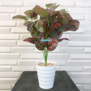 Pohon Artificial Tanaman Hias Daun Aglonema Ruby X9 Pot Ulir Cemara Pajangan Meja Kantor