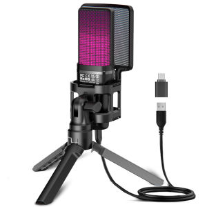 【Delivery Within Three Days】ZealSound USB RGB Condenser Microphone One-Touch Noise Reduction. Ultra Clear Sound Quality Headphone Jack Live Monitoring Random RGB Lighting for Recording Streaming Wired Microphone for Gaming Streaming Microphone