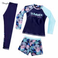 Swimming Suit for Kids Girls 3 Pieces Set Swimwear Swimming Outfit for Girls Teens Long Sleeve Rash Guard 3-16 Y Kids Swimsuit  3 In 1 Set Deep Blue Patchwork. 