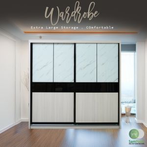 🔥Moden Almari Baju Besar (8x8)🔥 / Wardrobe Anti-Jump Sliding Door(With Installation) White &  Brown Colour / Half Mirror Wardrobe Door /Bigger Size / Sliding Door Wardrobe / Multi Compartment / Great Quality / Kualiti Terjamin /Ready Stock