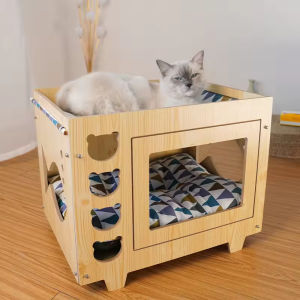 Cat wooden house bed with hammock and cushion