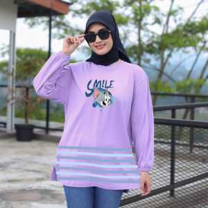 Forever Cloth-Kaos Oversize Lengan Panjang Kerut Wanita Bahan Cotton Combed 24s Motif Salur Tom Cat