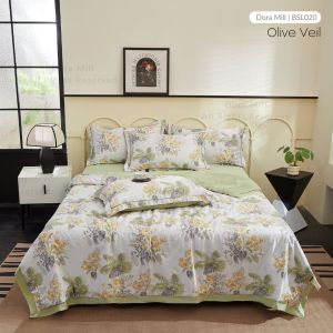DORAMILL Washed Ice Silk Floral Comforter Fitted Bedsheet Set 4in1 Queen & King Grade A Material BSL