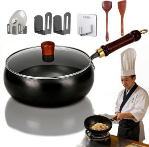 Japanese Forged Iron Cookware Uncoated Non-Stick Pot with Handmade Ergonomic Wooden Handle & Lid Pure Hand-Forged Durability Ideal for Healthy Stir Frying Searing & All Stoves (10.24in+Glass lid)