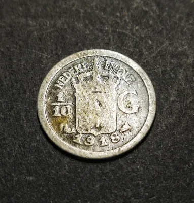 Netherlands East Indies Old Silver Coin 1/10 Gulden Year 1918