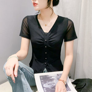 YIMEI 2024 New Korean version with button up pleats V-neck split top fashionable slim fit mesh short sleeved irregular t-shirt womens trend