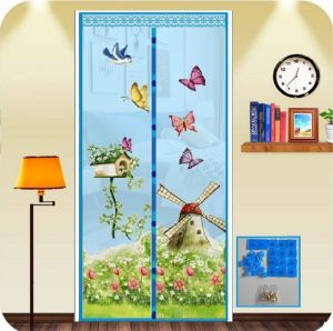ม่านหน้าต่างกันยุง ม่านประตูกันยุง ขนาดกว้าง 90-200 cm. สูง 120 150 cm. และ 210 cm. ลายกังหันลมสีฟ้า ( แถมฟรี หมุดทองเหลือง+หมุดกาว 1 ชุด)
