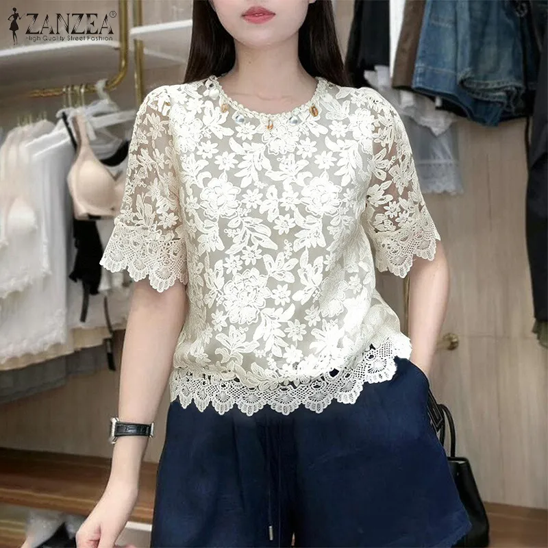 ZANZEA Korean Style Women Summer Lace Patchwork Short Sleeve