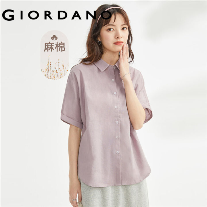 GIORDANO Women Shirts Linen Cotton 4 Buttons Comfort Casual Shirts ...