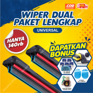 Paket Wiper Dual Karet Double Blade Lengkap + Pil Wiper Stiker Spion Anti Embun Parfum Bali dan Lap Microfiber