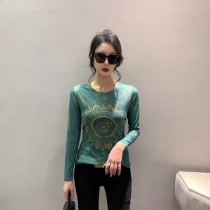 Ammin 2024 mùa xuân và mùa thu đơn giản cổ tròn thời trang r in hình học Tay áo dài áo thun áo thanh lịch phong cách hàn quốc nữ