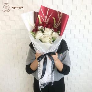 Bouquet Bunga Red White Rose Artificial Flowers Hand Buket Graduation Wedding Engagement