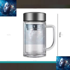 Double Glass Cup with Handle Thickened Transparent Glass Teapot Large Capacity Office Water Cup Filter Bubble Tea Cup