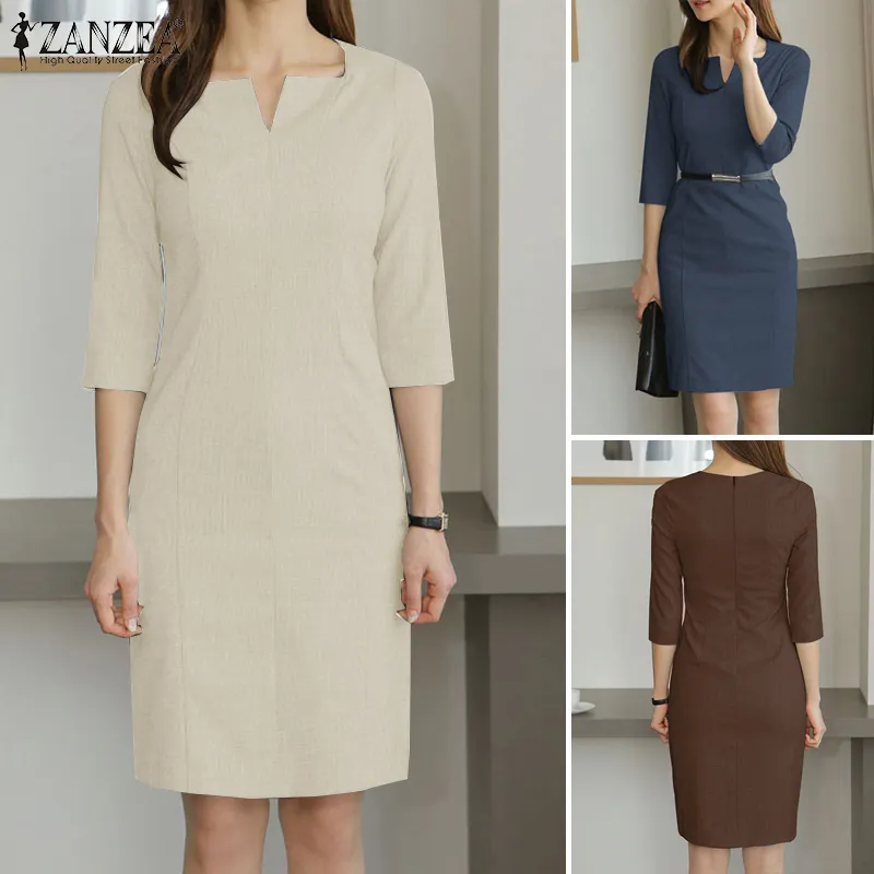 Clearance Sale】MOMONACO ZANZEA Korean Style Women's Dresses Formal Office  Square Neck 3/4 Sleeve Shift Dress #11