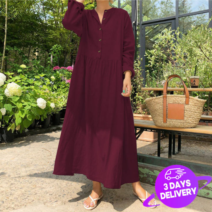 ZANZEA Women Long Sleeve Cotton Linen Kaftan Ladies Autumn Beach