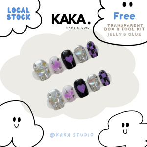 【Ready Stock】KAKAnails Handmade Sweet Cool Y2K Girl Fake Nails Press-on DIY Set Kuku Palsu 手工穿戴甲韩系甜辣妹风黑色银色立体紫色 KK028