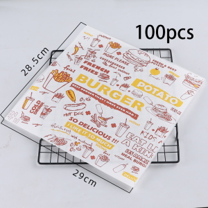 100pcs Greaseproof Wax Paper 28.5x29.5cm - Burger/Sandwich/Cake Roll Wrapping Food Tray Liner