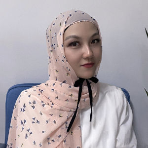 Jifang Floral Bubble Chiffon Bandage Instant Hijab Black Cotton Inner Chiffon Shawl Patchwork Instant Hijabs WJ704