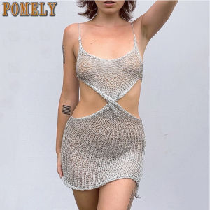 Pomely[COD&Local] Womens Sleeveless Spaghetti Straps See Through Low Waist Hollow Out Sling Mini Dress