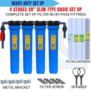 4 Stage 20" Slim Type Basic Whole House Water Filtration System Blue Housing with UPVC Fittings