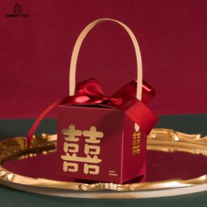10PCS Wedding Wine Red Square Door Gift Candy Box with Kraft Paper Wood Handle Premium 酒红色囍结婚喜糖空礼盒婚礼专用