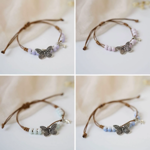 Cute Hand-Woven Butterfly Star Bracelets with Ceramic Bead Adjustable Wrist Chain Bracelets Gift for Women Girl