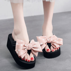 Free Shipping New Ultra-High-Heeled Flip-Flops For Women Summer Non-Slip Thick-Soled Beach Sandals Sweet Bowknot Design Suitable For Wearing Outdoors Wedge Heel Sandals