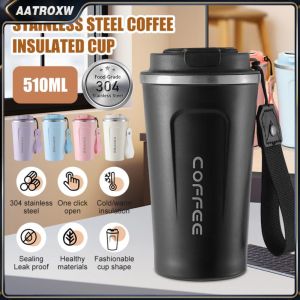 Travel Mug Insulated Coffee Cup With Rope Leakproof Lid Water Bottle Vacuum Insulation Stainless Steel