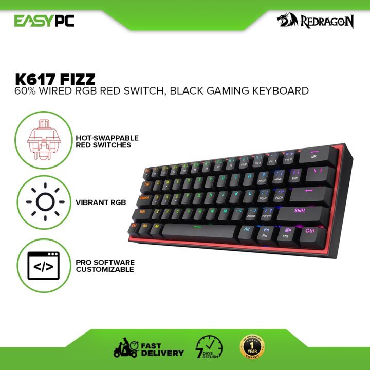 EasyPC | Redragon K617 FIZZ 60% Red Switch Black/ Grey & White Case Wired RGB Mechanical Gaming Keyboard For Better Gaming Experience