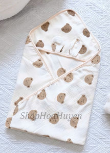 Khăn choàng ủ có nón bé sơ sinh chất Xô muslin siêu mềm mại an toàn dùng cho bé - khăn quấn ủ em bé