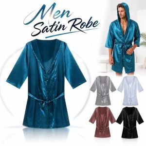 JACAUY Loose-fit Men Satin Robe Short-sleeve Smooth Mens Dressing Gown Simple Lightweight Silk Bathrobe Nightwear