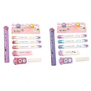 Cartoon School Stationery Set with Pencil Box White Out Correction Tape Retractable Eraser Ruler Highlighter Notes Pad