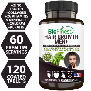 Biofinest Hair Growth Men+ Supplement - 26 Minerals Vitamins A C D E B1 B2 B3 B5 B6 B7 B9 B12 Biotin Calcium Zinc Collagen Alpha Lipoic Acid Keratin Folic Acid - Stop Hair Loss & Regrow Fast Healthier Hair Beard Skin Nail - Made in USA (120 Coated Tablet