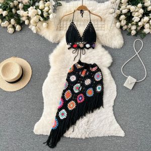 2025 Summer Bohemian Style Hand Crochet Hollow v-Neck Tube Top+Irregular Fringed Skirt Beach Style Two-Piece Female