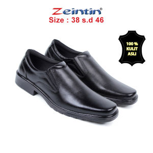Zeintin - Sepatu Pantofel Pria Bahan Kulit Sepatu Kantor Pria Hitam Slip On Zeintin AJ