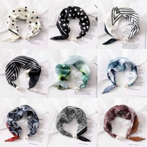LUXURYLYN Pearl Buckle Silk Scarf Thin Printed Neck Scarf Fashion Lightweight Neckerchief Women