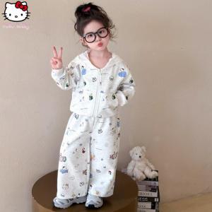Christmas gifts Halloween Hello Kitty Sanrio Sport Set Fashion Girls Hooded Lace Cardigan Set Kawaii Spring Autumn New Anime Jacket Wide Leg Pants Cartoon